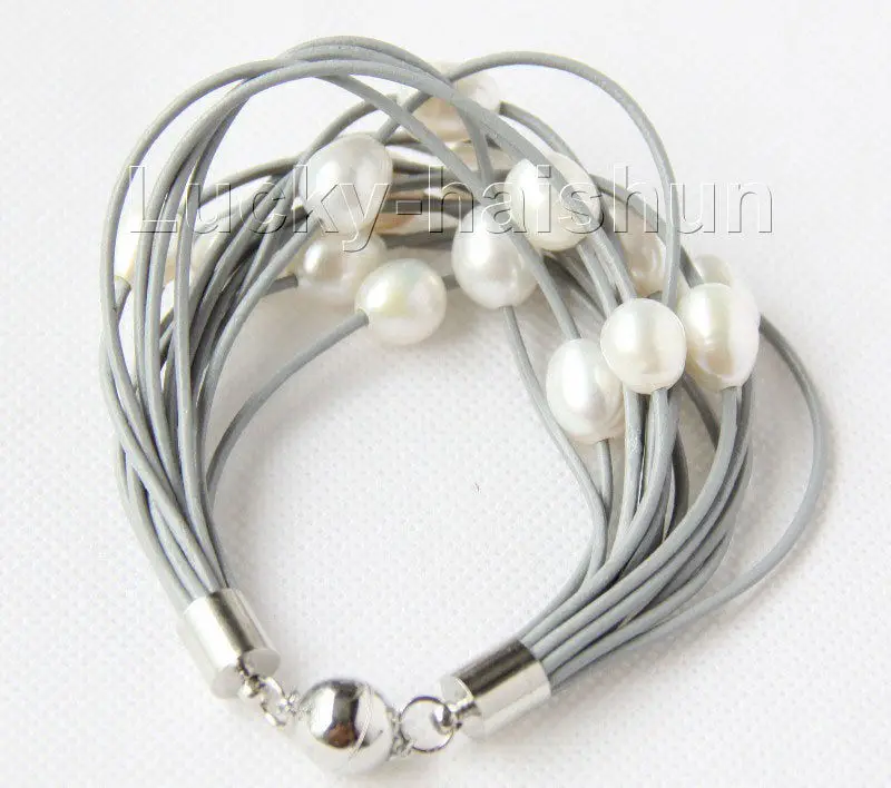 

Free Shipping >>>>> 8" 13mm 15row white pearls gray leather bracelet j9669