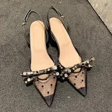Брендовые пикантные кружевные женские туфли-лодочки обувь с галстуком-бабочкой женские блестящие Кристальные заклепки обувь в виде котят женские туфли-лодочки с ремешком на пятке свадебные туфли