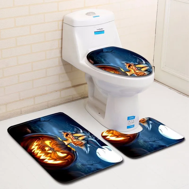 

2018 New Bathroom Decoration Halloween Pumpkin lantern Toilet Seat Cover and Rug Bathroom Set Halloween Decor Dropshipping