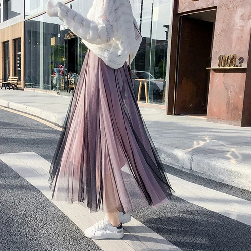 

TingYiLi Gray Black Pink Patchwork Tulle Skirt Spring Summer Long Skirt Big Swing Women Skirt