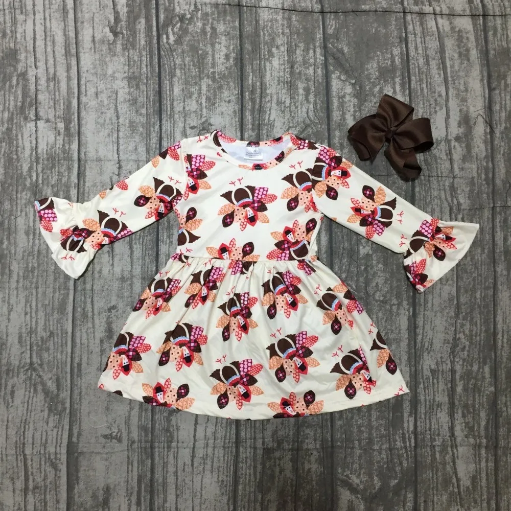

new fall/winter thanksgiving day baby girls milk silk cotton dress turkey print ruffle long children clothes boutique match bow