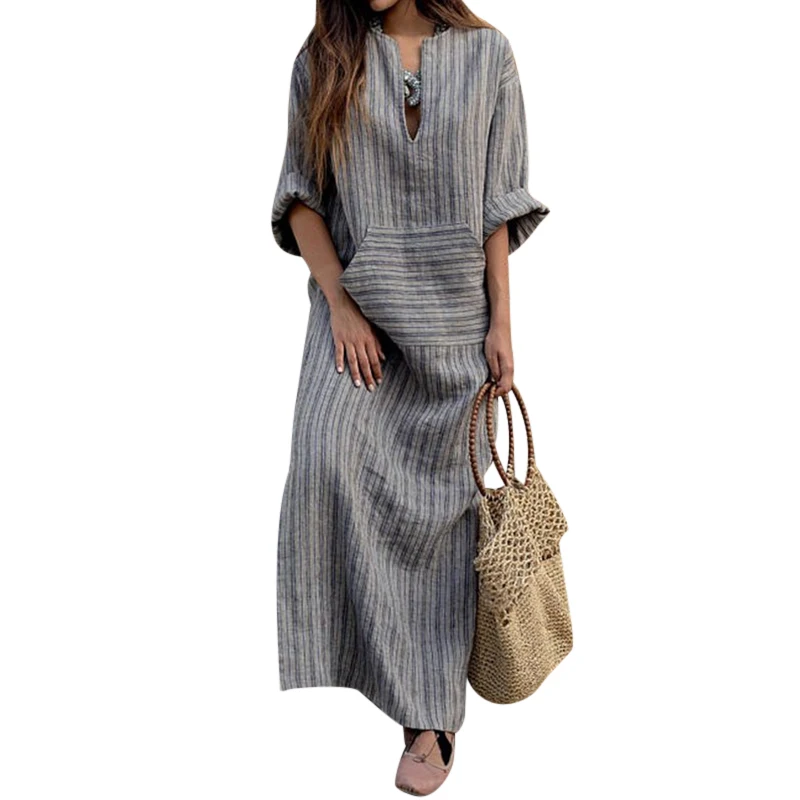 Women's Long Sleeve Cotton Linen Dress Ladies Striped Casual Party Holiday Dress