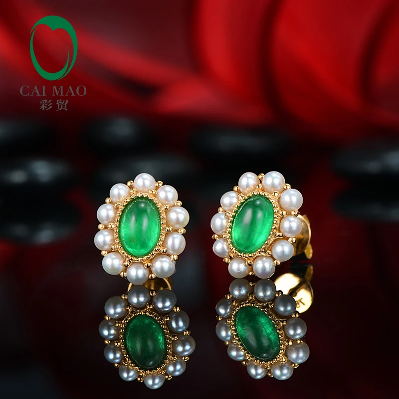 

14K Yellow Gold 0.98ct 4x6mm Cabochon Cut Emerald and Natural Pearl Classical Engagement Earrings