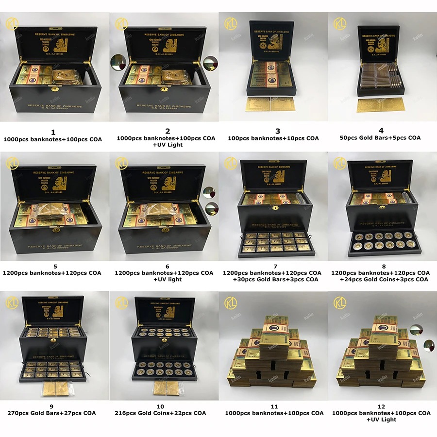1200 шт для коробки сто трлн/куинтиллион долларов Zimbabwe Золотая банкнота в деревянной коробке с сертификатами