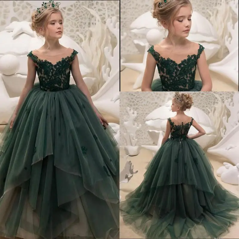 

Vintage Dark Green Girls Pageant Dresses Sheer Neck Off Shoulder Lace Applique Little Girls Dresses Ball Gown Flower Girl Dress