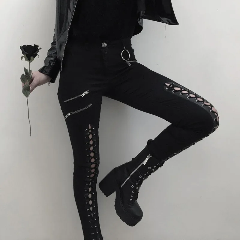 Готические женские брюки-карандаш, узкие штаны на молнии, на шнуровке, harajuku, сексуальные штаны, крутые шикарные женские уличные штаны, черные облегающие готические брюки