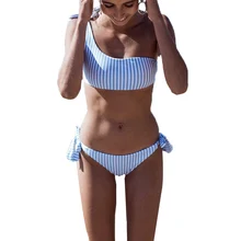 

2019 Summer Low Waisted Striped Off Shoulder Lace Up Bathing Suit Swimwear Bow Beachwear Brazilian Bikinis Swimwear Biquini
