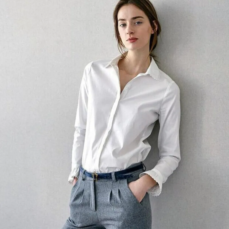 

Women Hand Hook Lace Cotton Shirt Sweet Peter Pan Collar Long Sleeve Blouse