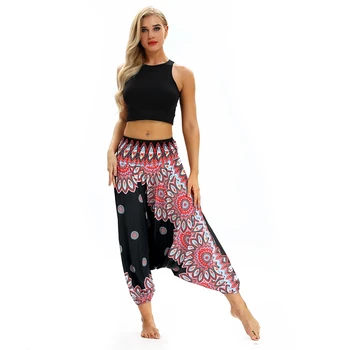

EU Size Black&Red Flower Workout Bloomers Womens Pants Lounge Pant Boho Summer High Waist Lantern Loose Wide Leg Pants