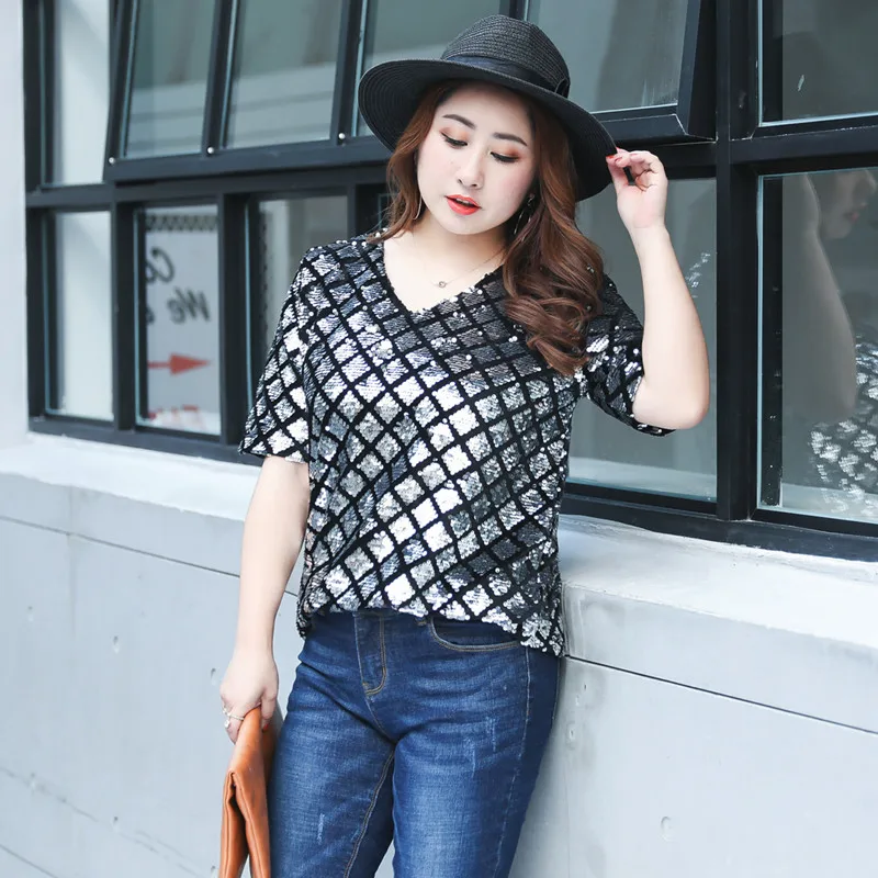 

Spring new personality sequined T-shirt plus size women