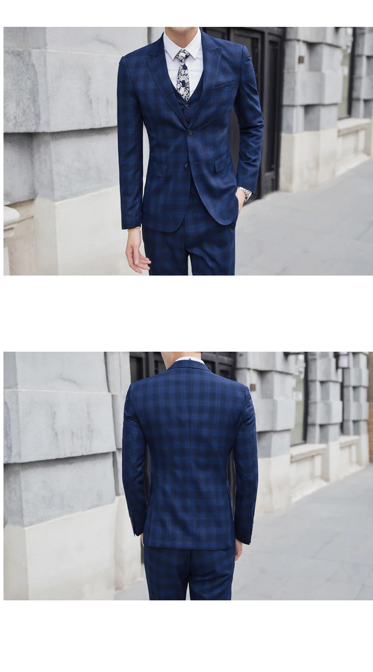 Пиджак+ жилет+ брюки) мужской модный синий клетчатый Свадебный костюм жениха/мужской повседневный деловой костюм большого размера s-5 xl