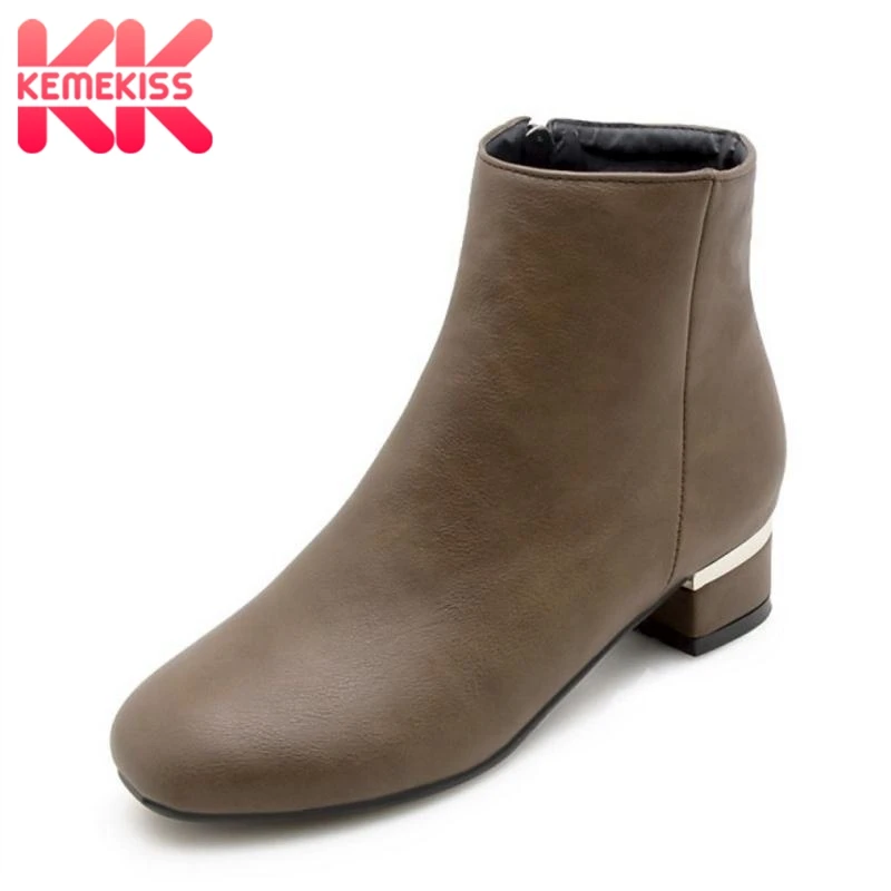 

KemeKiss Plus Size 32-48 Ankle Boots Women's Shoes Fur Warm Short Boots Square Heels Round Toe Fashion Shoes Ladies Footwear