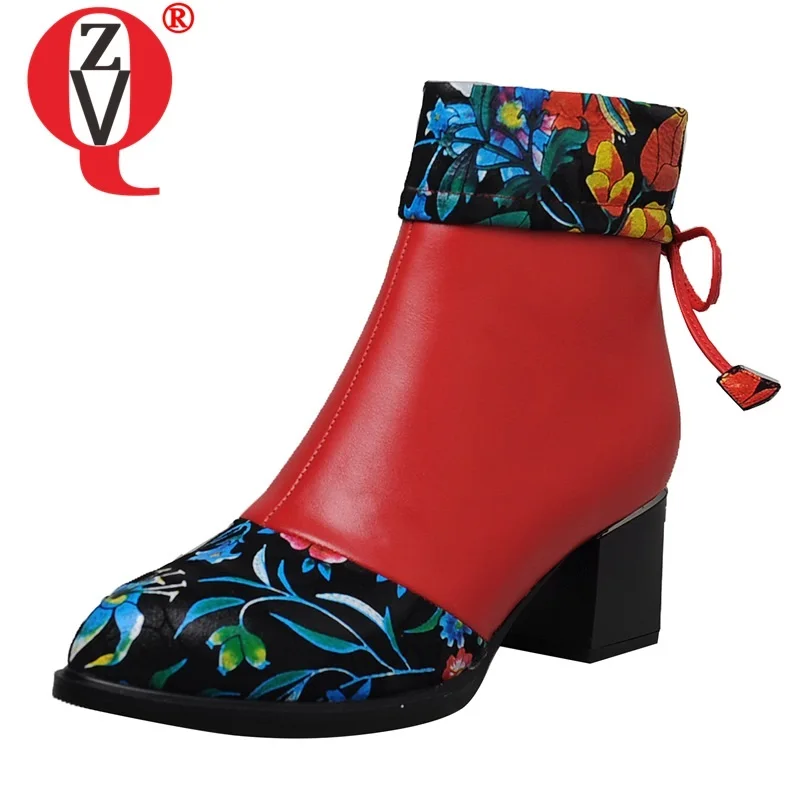 

ZVQ woman shoes autumn winter new fashion round toe genuine leather print ankle boots outside high heels zipper ladies shoes