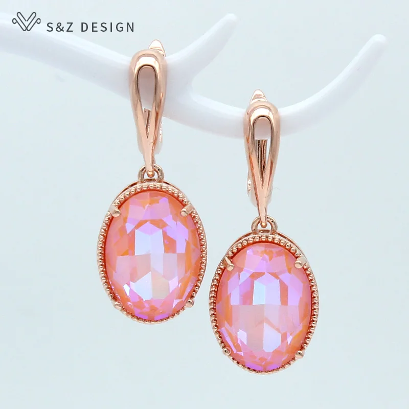

S&Z New Oval Egg Shape Imitation Crystal Dangle Earrings 585 Rose Gold European/American For Women Trendy Party Jewelry Gift