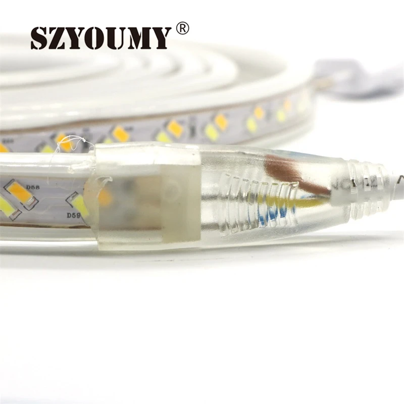cheap SZYOUMY High Quality SMD 5730 LED Strip 220V 240V White and Warm White Dimmable Waterproof Flexible IP67 20M + Free Plug