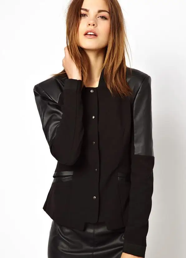 Autumn and winter women suit jacket famous brand black PU leather patchwork short slim blazers coat ladies cardigan outerwear