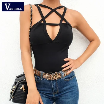 

VANGULL 2019 Sexy Gothic Bodysuit Women Playsuits Backless Cross Strap Hollow Out Pentagram Romper Sleeveless Slim Cami Bodysuit