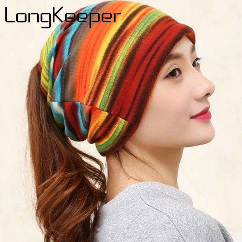 

LongKeeper New Women's Fashion Turban Autumn Winter Warm Headdress Caps Hat Colorful Striped Scarf Work Out Beanies Accessories