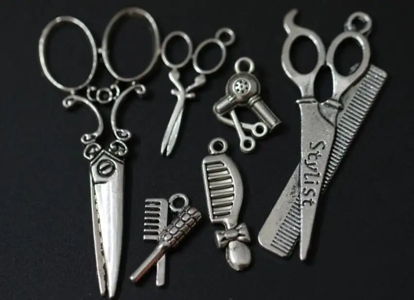 

50pcs Mixed Design Alloy Pendant Combs Scissors Hair Dryer Antique Silver Charms Jewelry Accessories