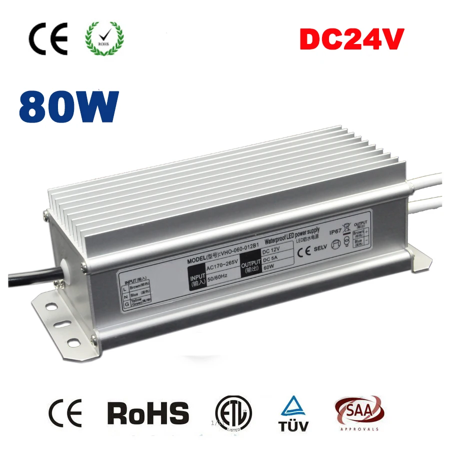 

IP67 80W 24V Led Transformer Waterproof 80W LED Power Supply 24V LED Driver Adapter Flood Lights Tunnel/Street Lighting Outdoor