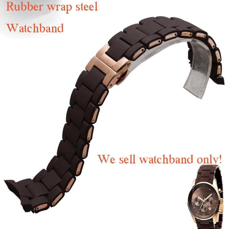

Curved End Watchbands Brown Rubber wrap Rose-gold Stainless Steel Watch Strap Bracelet for men women watch Brand luxury fashion