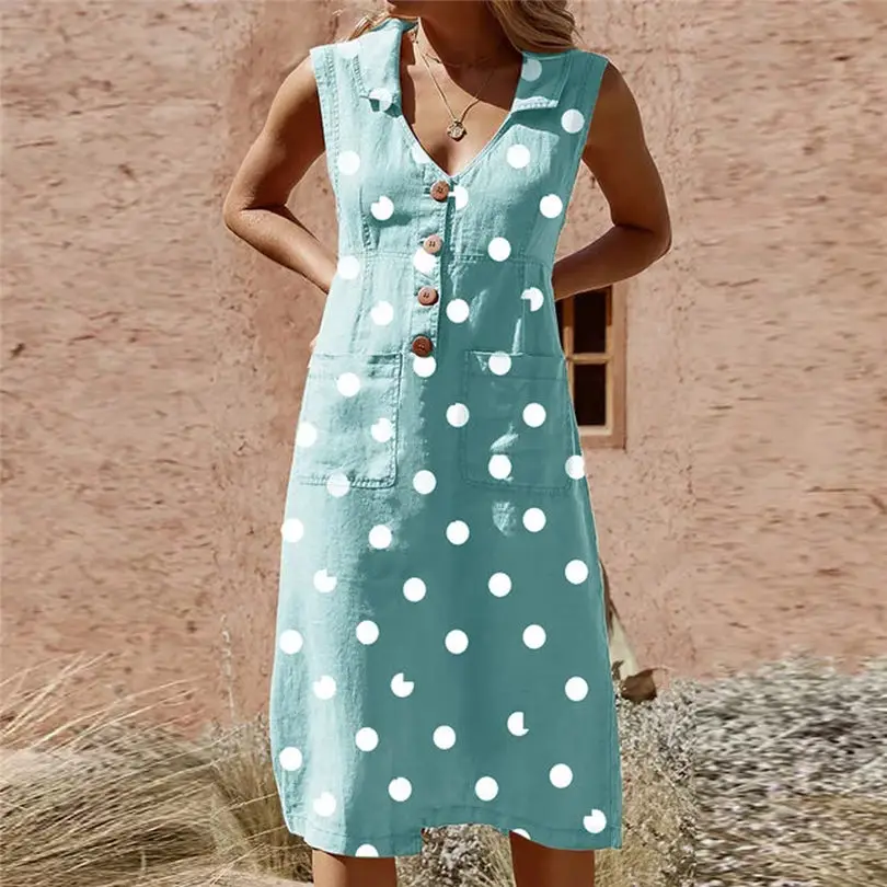 New Women Summer Fashion Elegant Casual Dot Print Boho Dress Turn-down V-neck Dress Button Pocket Bohemian Dress #4A25 (2)