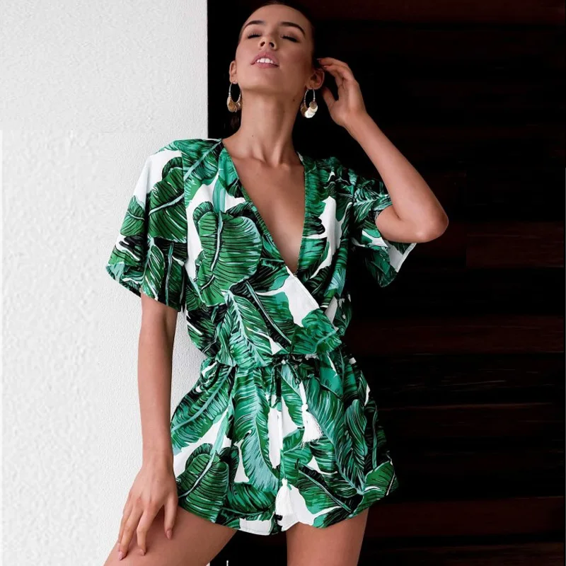 2018 Deep V Neck Summer Bodysuits Women Green Leaves Print Beach Playsuit Female Short Overalls Jumpsuit Casual Boho Bodysuit 2018 Deep V Neck Summer Bodysuits Women Green Leaves Print Beach Playsuit Female Short Overalls Jumpsuit Casual Boho Bodysuit