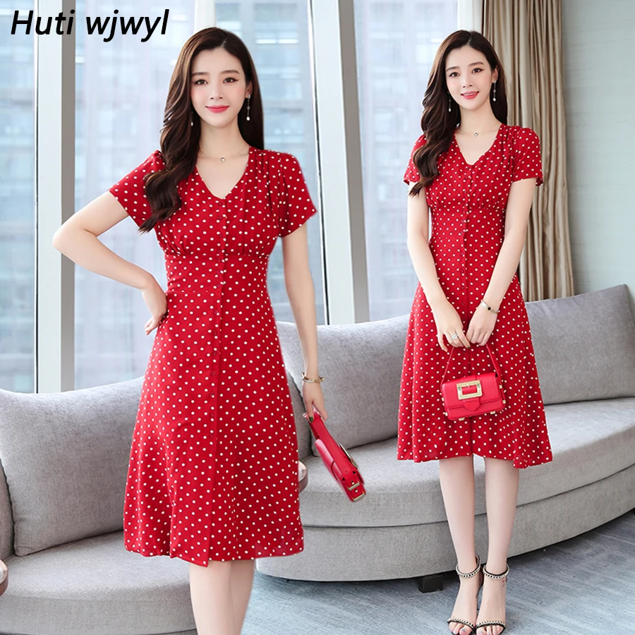 

Summer Vintage Chiffon V-neck Sexy Midi Shirt Dress 2019 Korean Women Elegant Dot Bodycon Boho Beach Sundress Party Red Vestidos