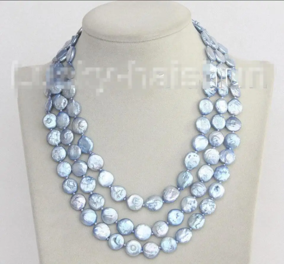 

Hot sale new Style >>>>>adjustable 15.5"-17.5" 3row 12mm coin fastener light blue pearls necklace j10391