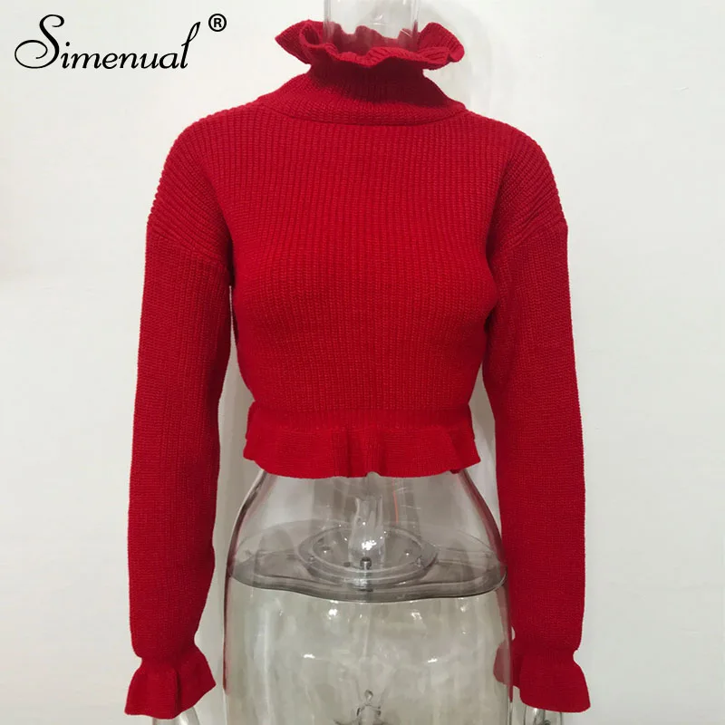 Simenual вязаный свитер с высоким воротом и оборками, женские модные пуловеры с длинным рукавом, повседневный осенний Укороченный джемпер, Однотонный свитер