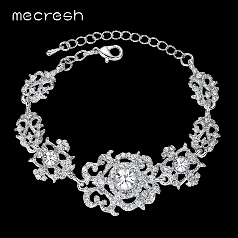 

Mecresh Elegant Rhinestone Friendship Bracelets for Women Silver Color Crystal Bridal Bracelets Wedding Christmas Gift SL031