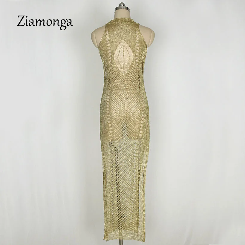 Ziamonga Стильный вязаный длинный сарафан летний высокий разрез выдалбливают металлические трикотажные рваные пляжное платье женские повязки Vestidos