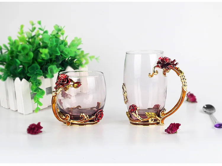 Роскошная обновленная эмалированная стеклянная розовая чаша термостойкая Хрустальная стеклянная кофейная чашка для пар креативная Подарочная с цветком для чая чашка