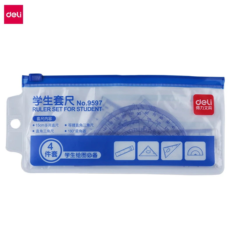 Deli Plastic Protractor Students Maths Geometry Triangle Ruler Set