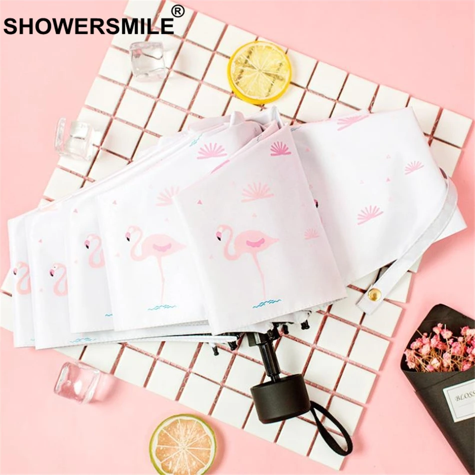 

SHOWERSMILE Small Fashion Folding Umbrella Ladies Mini Sun Rain Travel Umbrella Windproof Flamingo Print Female Parasol