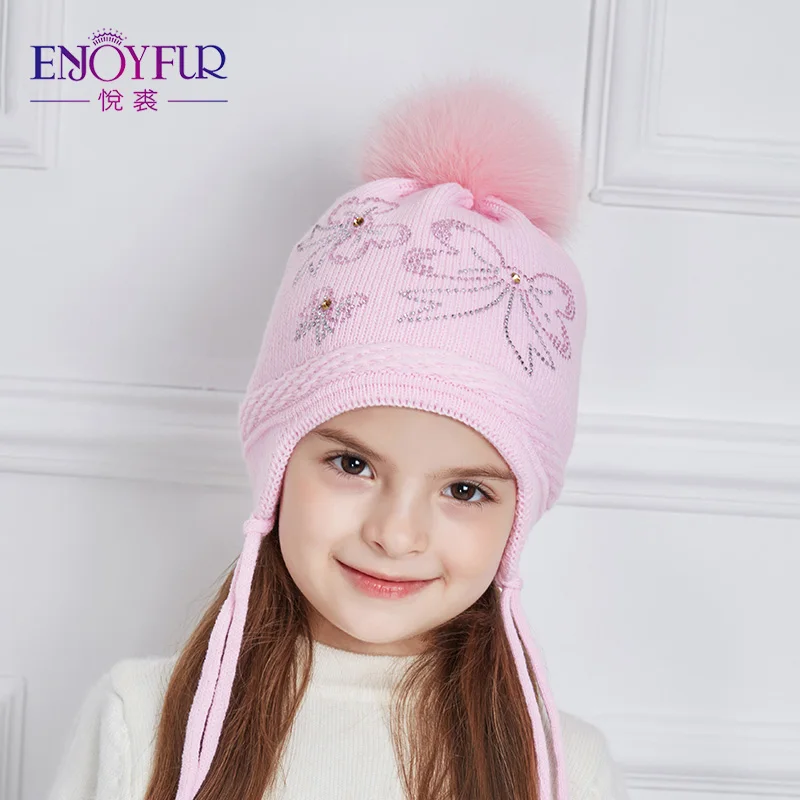 Koop ENJOYFUR Strass Boog knoop Kinderen Winter Hoeden Echte Vos Bont Pompom Gebreide Muts Meisje Mooie Roze Meisjes Mutsen Herfst caps