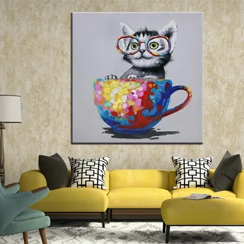 

Handmade wall oil painting of lovely cat sitting in a bowl cartoon cat animal oil paintings for living room decoration