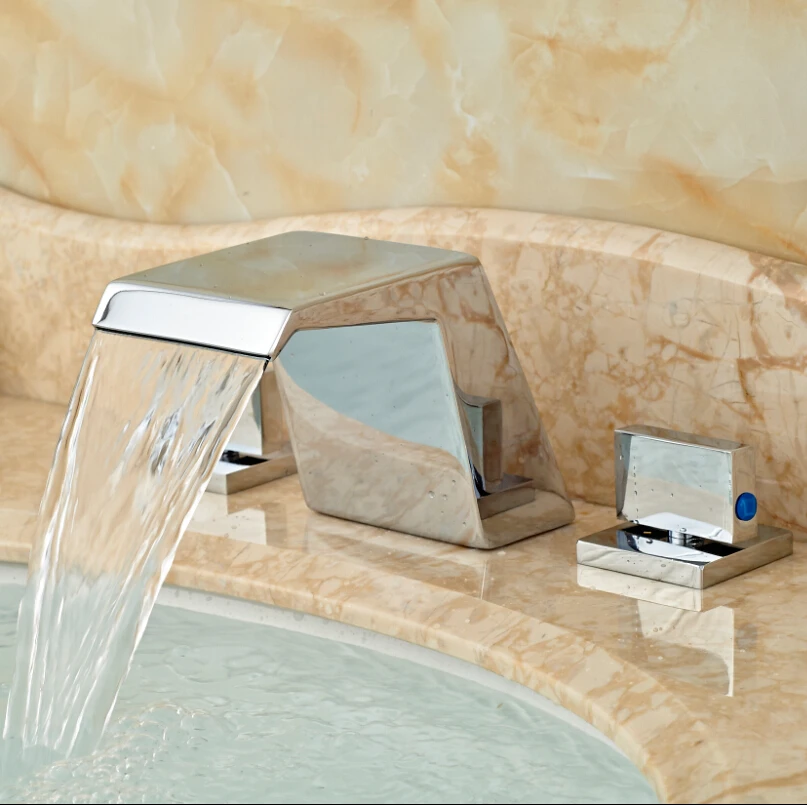 

Dual Square Handles Basin Faucet Tap Widespread 3 Holes Bathroom Lavatory Sink Mixer Taps Chrome Finish