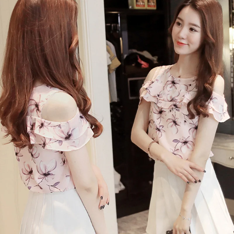 Women's Flower Printed Cold Shoulder Chiffon Tops 2019 Woman Butterfly Sleeve Casual Office Lady Blouses Female Feminine Tops