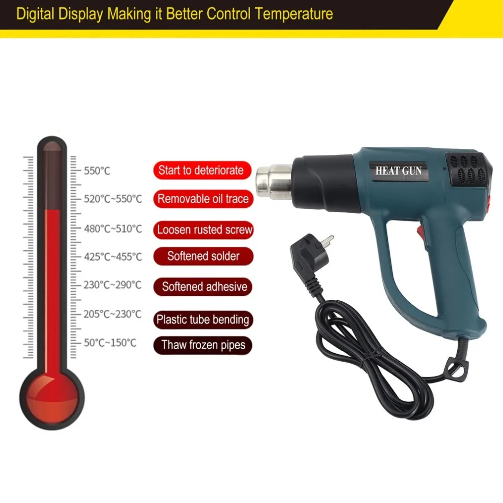 

HG-986 2000W EU Plug Digital LCD Electric Hot Air Heat Gun Temperature Fan Variable Shrink Paint Stripper Rework DIY Tool Nozzle