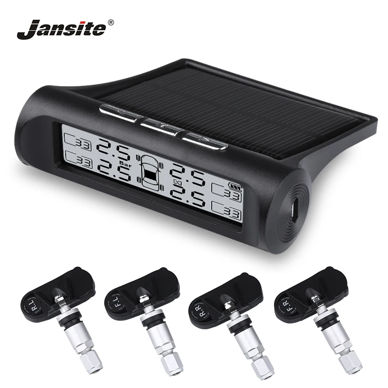 

Jansite Universal Car TPMS Solar power Tire Pressure Alarm Monitor System Ink Display Temperature Warning Tyre with Four Sensors