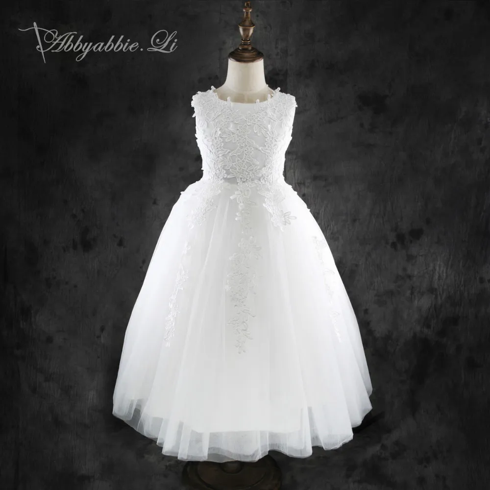 2016 Princess Lace Long Dress Girls Wedding Party White Formal Communion Gown Bridesmaid Tulle Kids Costume