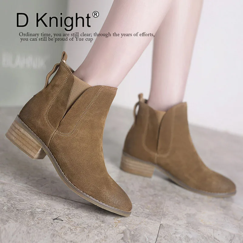 

New Genuine Leather Women Autumn Winter Boots Fashion Round Toe Slip-on Cow Leather Motorcycle Boots Ladies Western Ankle Boots