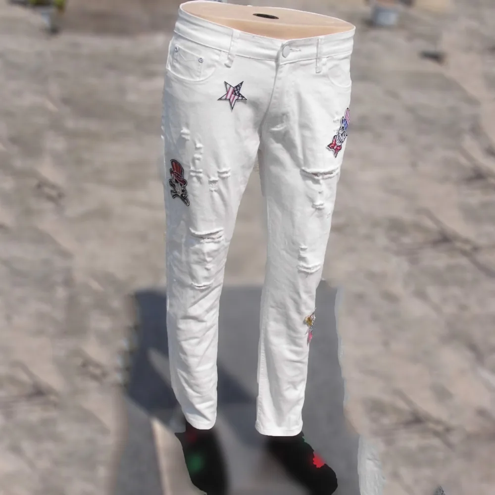 Mens American Flag Patch Jeans Hole Vintage Washed Ripped Badge Denim