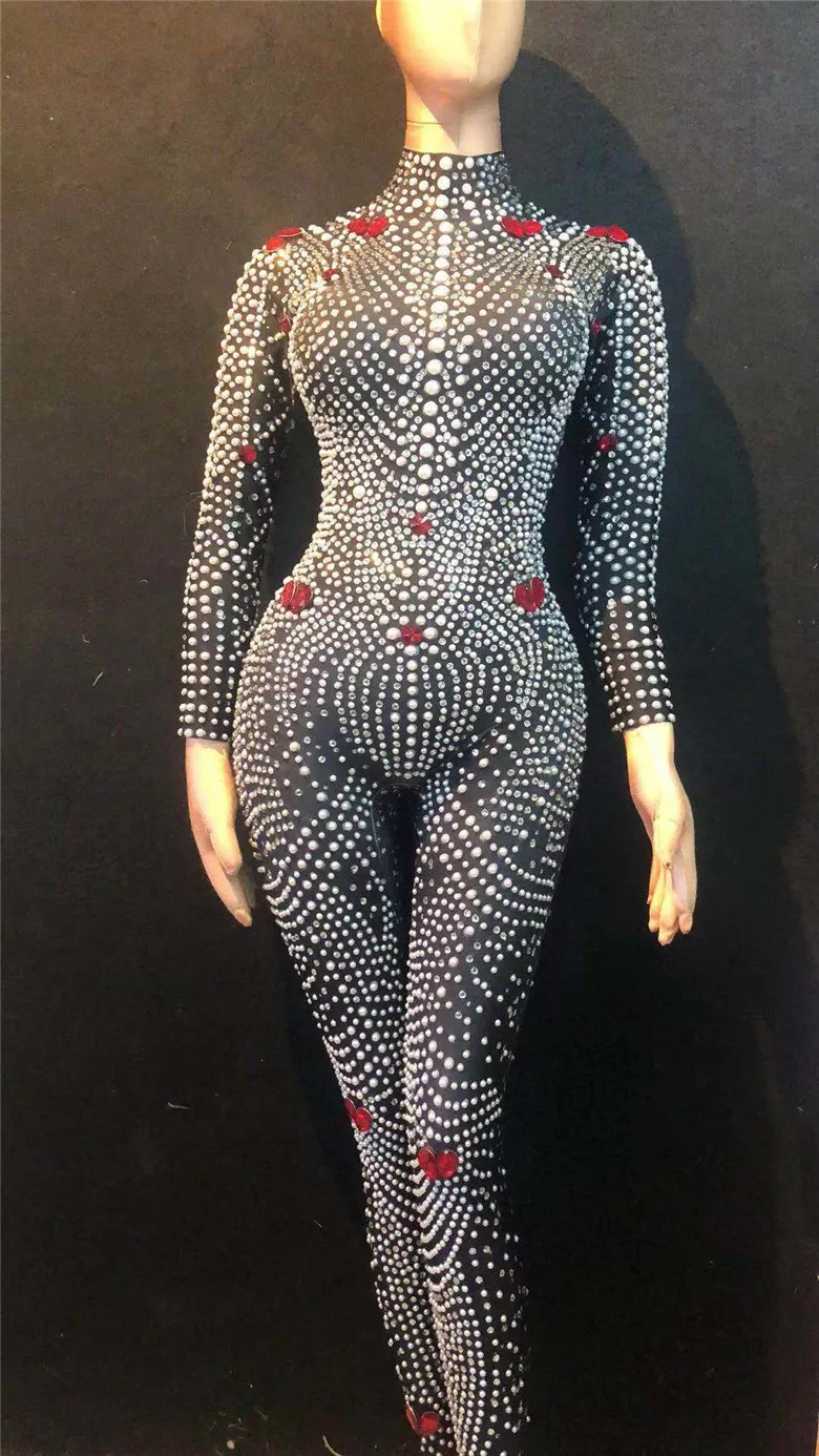 Women Sexy Stage Black Jumpsuit Pearl Rhinestones Bodysuit DJ