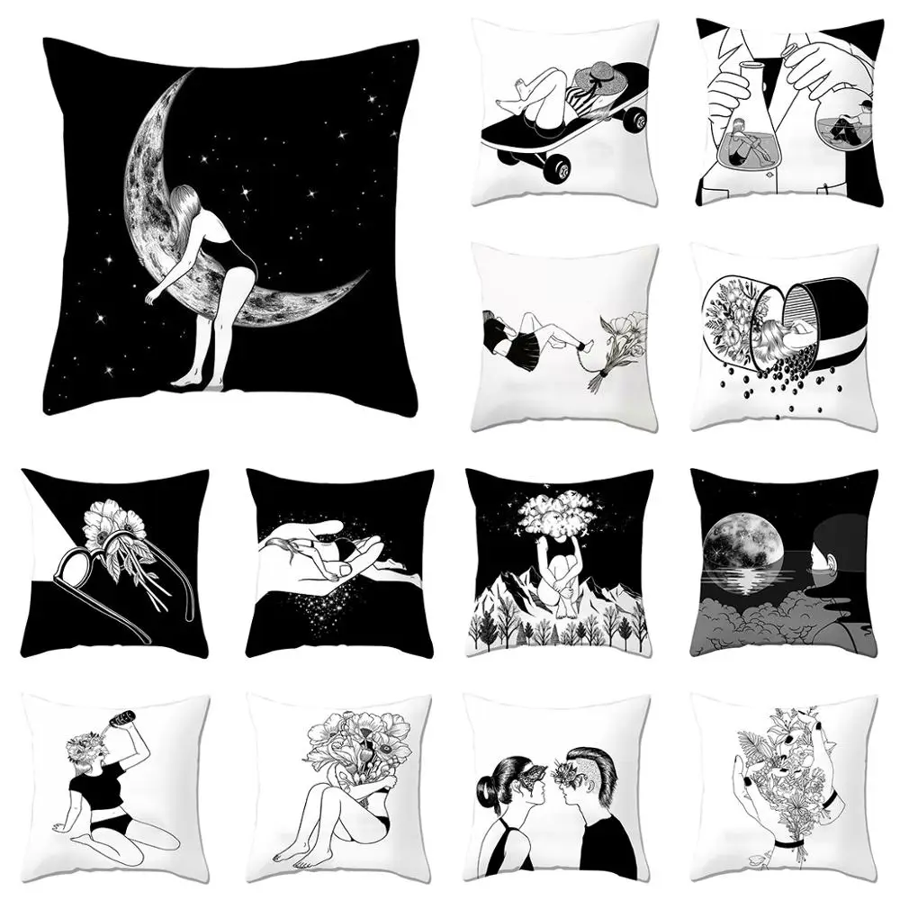 

ZEIMON Black & White Creative Pop Art Cushion Covers Polyester Living Room Farmhouse Home Decor Sofa Decoration Pillowcase