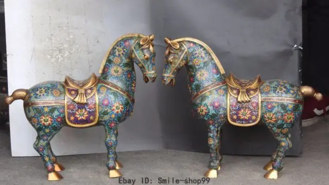 

18" Marked China Cloisonne Enamel Gilt Gold Success Run Horse Horses Statue Pair Marked Enamel Decoration 100% Brass Bronze