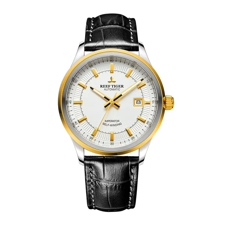 Reef Tiger/RT часы в деловом стиле для мужчин стальные желтые золотые часы Miyota 9015 супер светящиеся часы с датой RGA8015 - Цвет: RGA8015-GWB