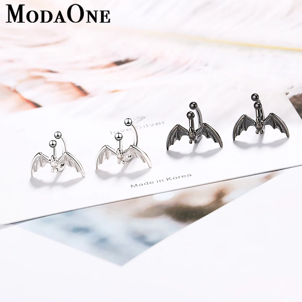 ModaOne Punk Gothic Black Bat Clips On Earrings For Women 925 Sterling Silver Ear Cuff Fashion Earcuff Jewelry Pendientes