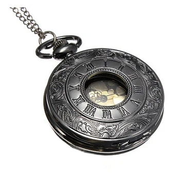 

YCYS-Vintage Black Roman Numerals Steampunk Quartz Necklace Chain Pocket Watch